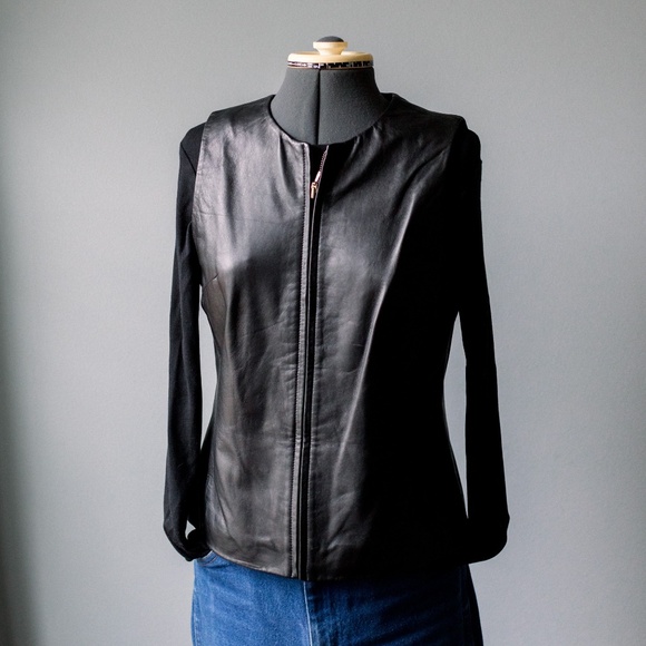 Vintage 90's Black Leather Moto Zip Up Vest - Women's Size Medium Petite - Picture 12 of 12